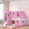 Pink Full Size Solid Wood House Loft Bed with Slide, Tent and Tower