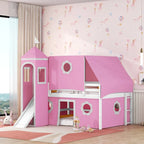 Pink Full Size Solid Wood House Loft Bed with Slide, Tent and Tower