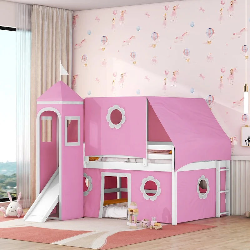 Pink Full Size Solid Wood House Loft Bed with Slide, Tent and Tower