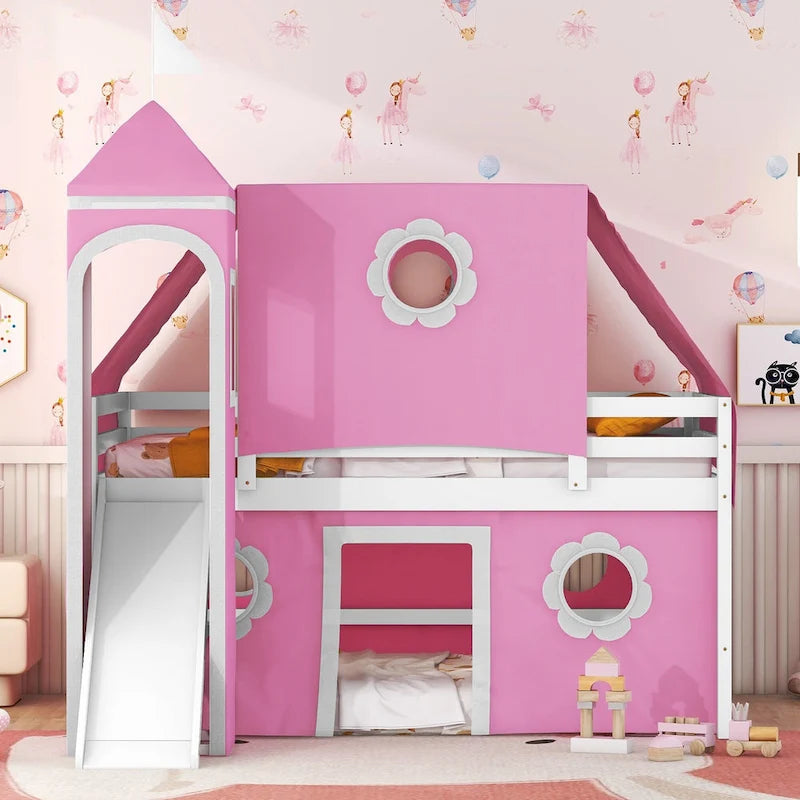 Pink Full Size Solid Wood House Loft Bed with Slide, Tent and Tower