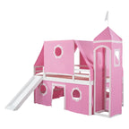 Pink Full Size Solid Wood House Loft Bed with Slide, Tent and Tower