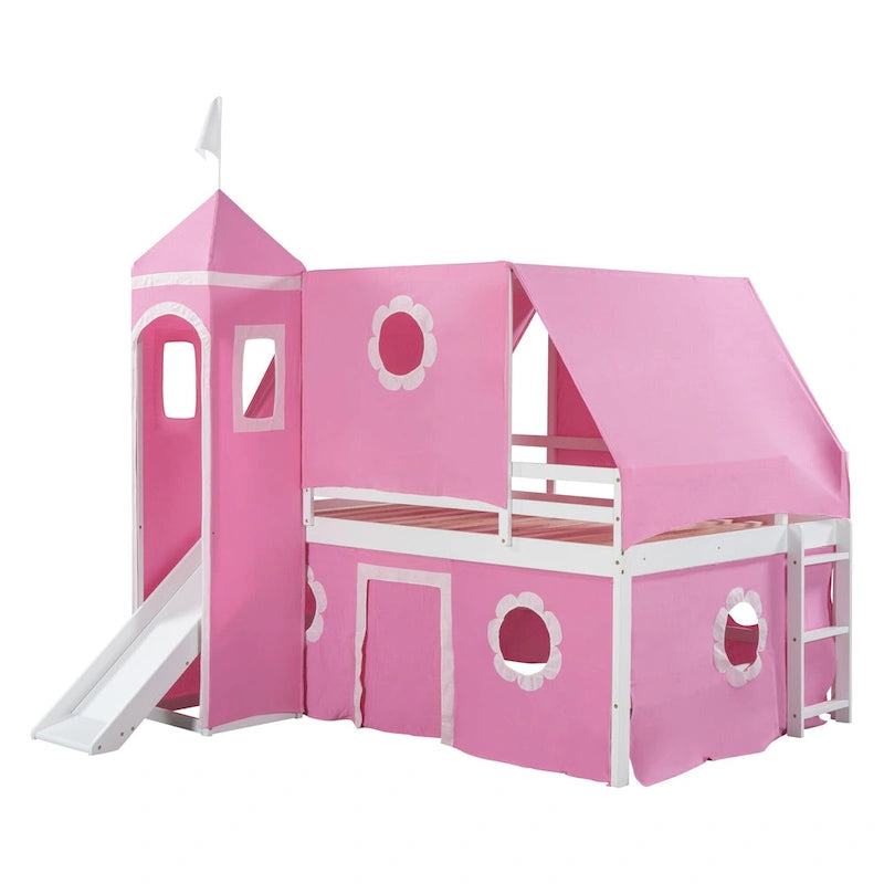 Pink Full Size Solid Wood House Loft Bed with Slide, Tent and Tower