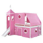 Pink Full Size Solid Wood House Loft Bed with Slide, Tent and Tower