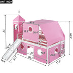 Pink Full Size Solid Wood House Loft Bed with Slide, Tent and Tower
