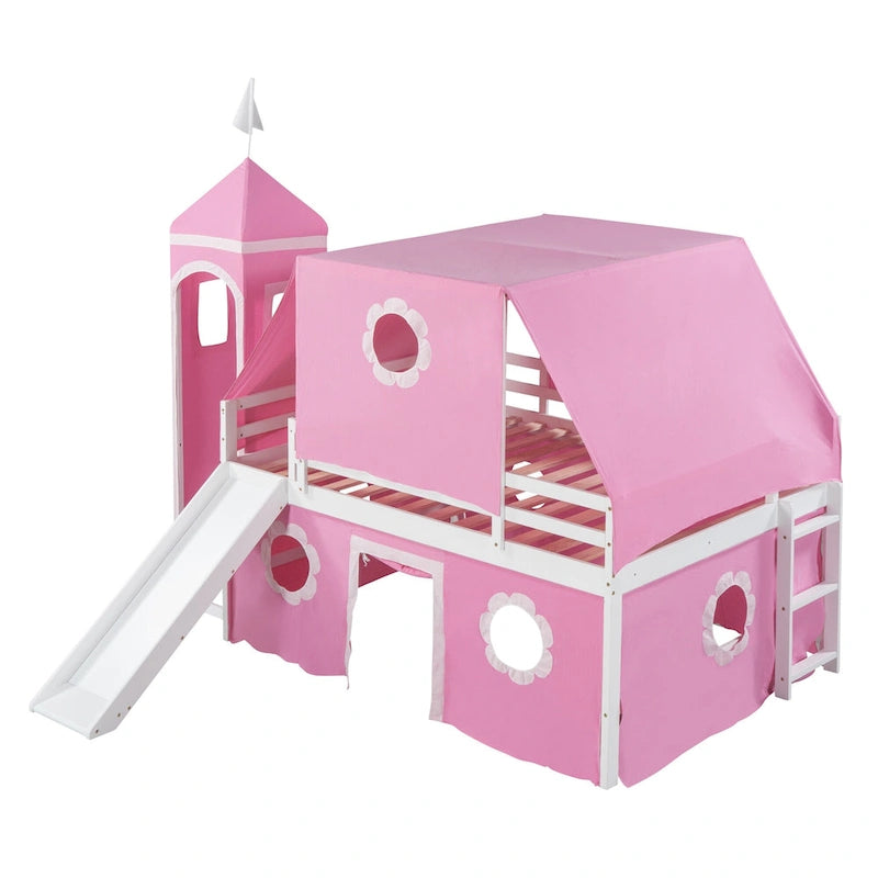 Pink Full Size Solid Wood House Loft Bed with Slide, Tent and Tower