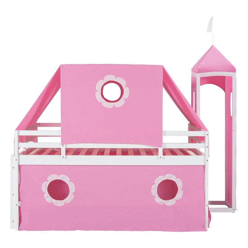 Pink Full Size Solid Wood House Loft Bed with Slide, Tent and Tower
