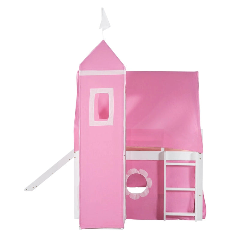 Pink Full Size Solid Wood House Loft Bed with Slide, Tent and Tower