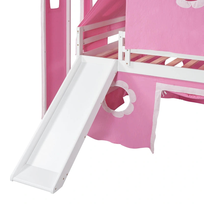 Pink Full Size Solid Wood House Loft Bed with Slide, Tent and Tower