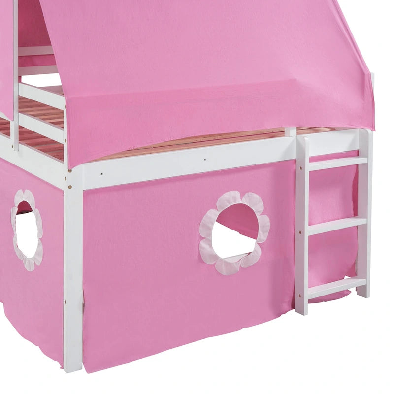 Pink Full Size Solid Wood House Loft Bed with Slide, Tent and Tower