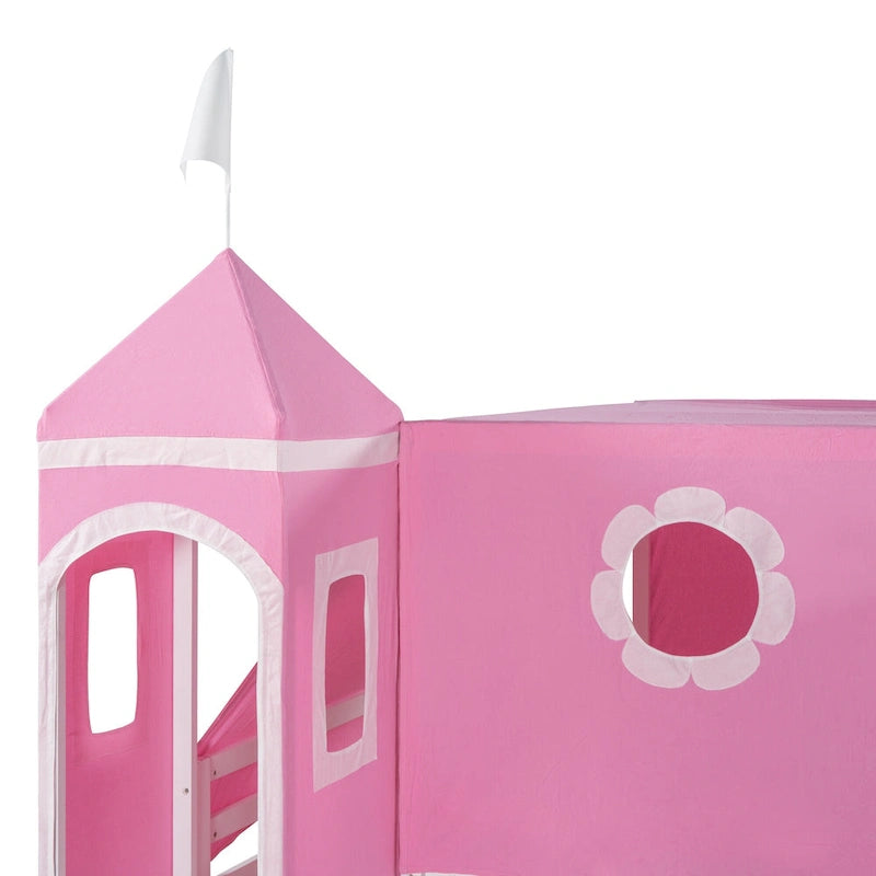 Pink Full Size Solid Wood House Loft Bed with Slide, Tent and Tower
