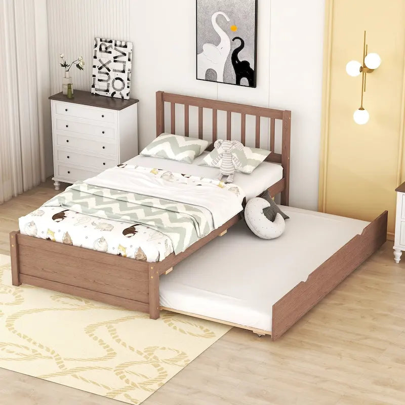 Brown Walnut Rubberwood Twin Platform Bed with Trundle, Sleek Design, No Box Spring Needed
