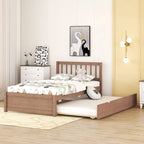 Brown Walnut Rubberwood Twin Platform Bed with Trundle, Sleek Design, No Box Spring Needed