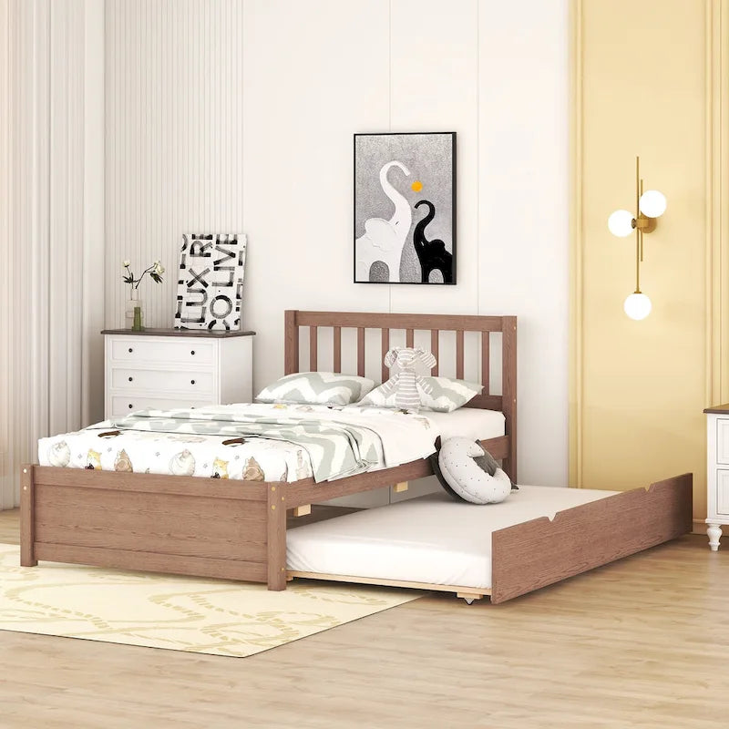 Brown Walnut Rubberwood Twin Platform Bed with Trundle, Sleek Design, No Box Spring Needed