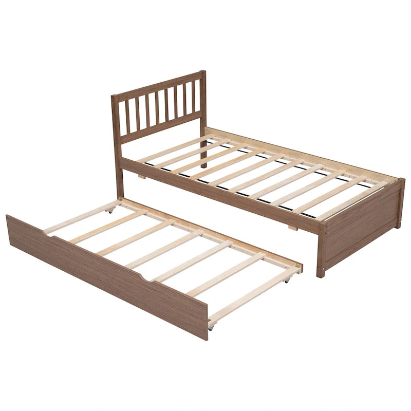 Brown Walnut Rubberwood Twin Platform Bed with Trundle, Sleek Design, No Box Spring Needed