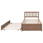 Brown Walnut Rubberwood Twin Platform Bed with Trundle, Sleek Design, No Box Spring Needed
