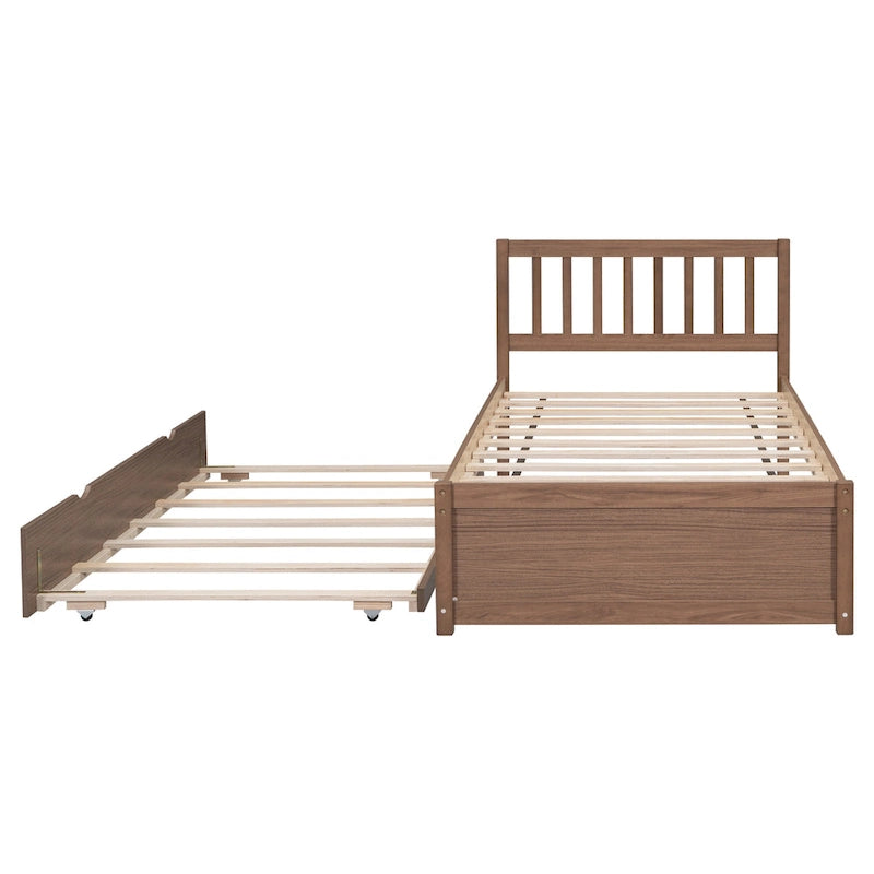 Brown Walnut Rubberwood Twin Platform Bed with Trundle, Sleek Design, No Box Spring Needed