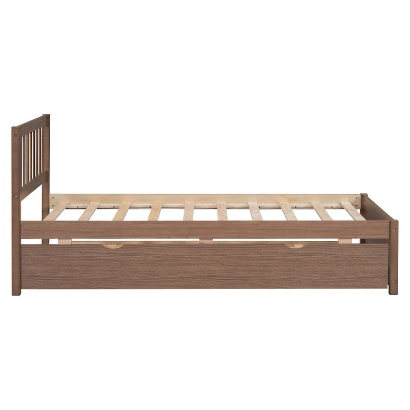 Brown Walnut Rubberwood Twin Platform Bed with Trundle, Sleek Design, No Box Spring Needed
