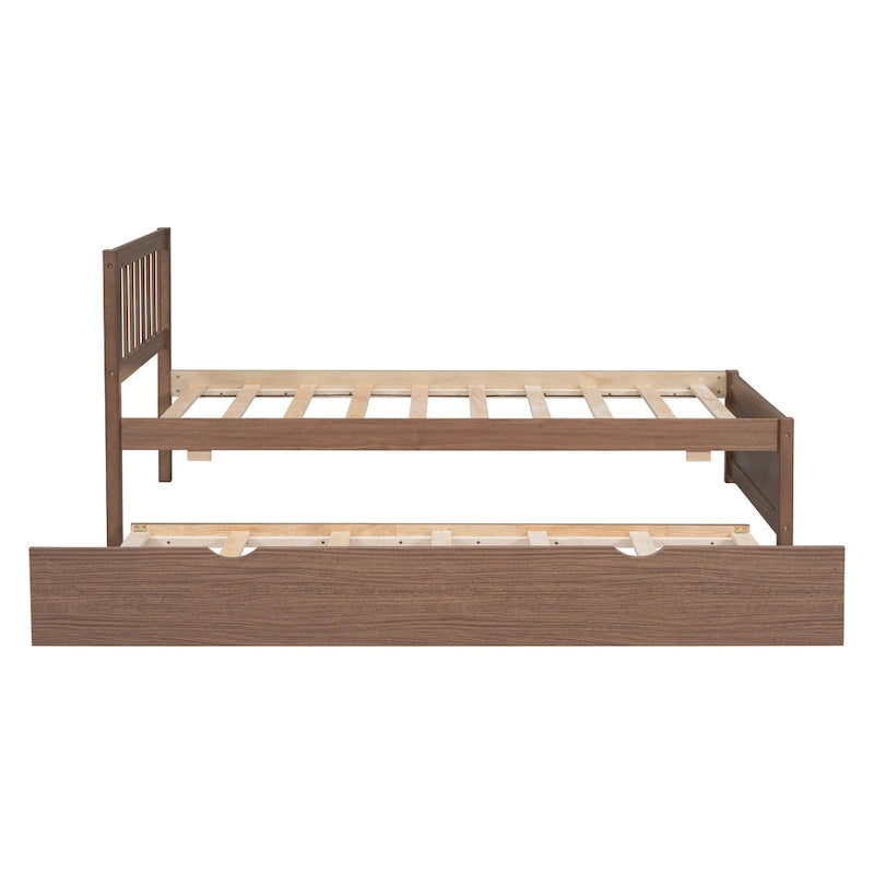 Brown Walnut Rubberwood Twin Platform Bed with Trundle, Sleek Design, No Box Spring Needed