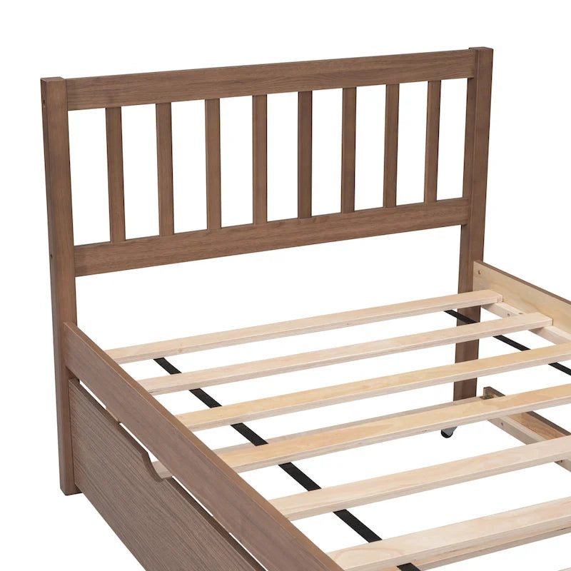 Brown Walnut Rubberwood Twin Platform Bed with Trundle, Sleek Design, No Box Spring Needed