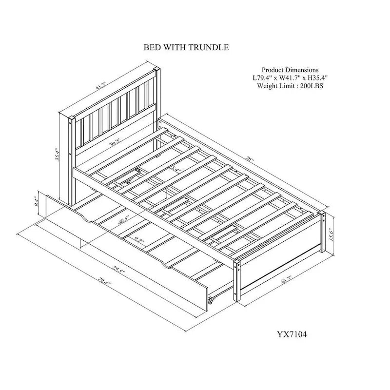 Brown Walnut Rubberwood Twin Platform Bed with Trundle, Sleek Design, No Box Spring Needed