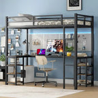 Black Twin XL Size Metal Size Loft Bed with Desk and Shelves, Loft Bed with Ladder and Guardrails, Loft Bed Frame for Bedroom