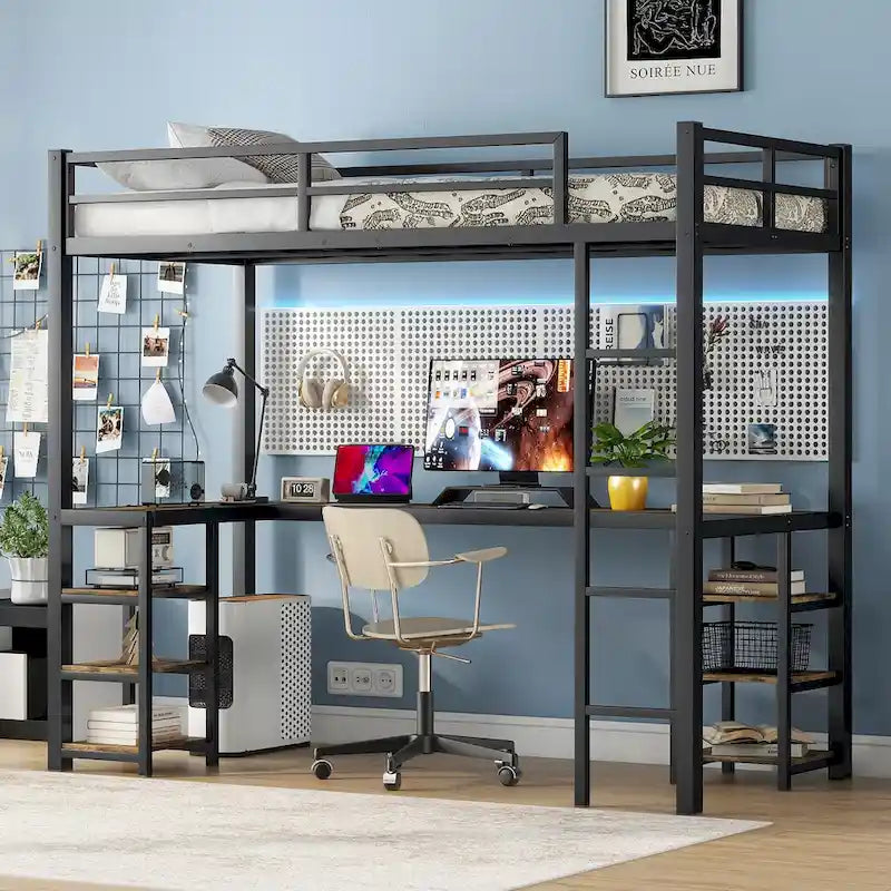 Black Twin XL Size Metal Size Loft Bed with Desk and Shelves, Loft Bed with Ladder and Guardrails, Loft Bed Frame for Bedroom