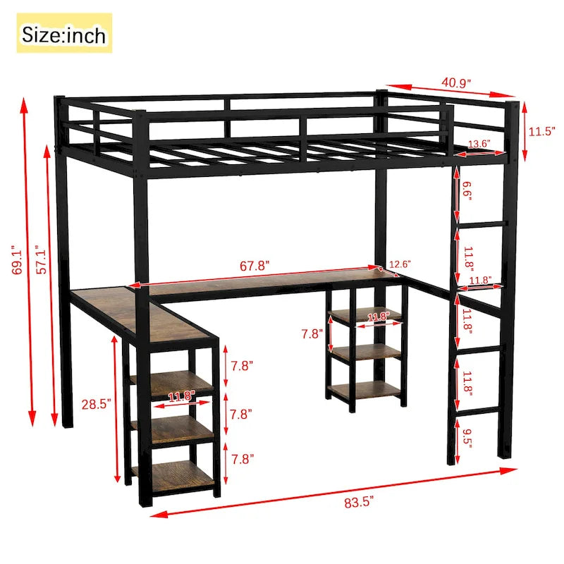 Black Twin XL Size Metal Size Loft Bed with Desk and Shelves, Loft Bed with Ladder and Guardrails, Loft Bed Frame for Bedroom