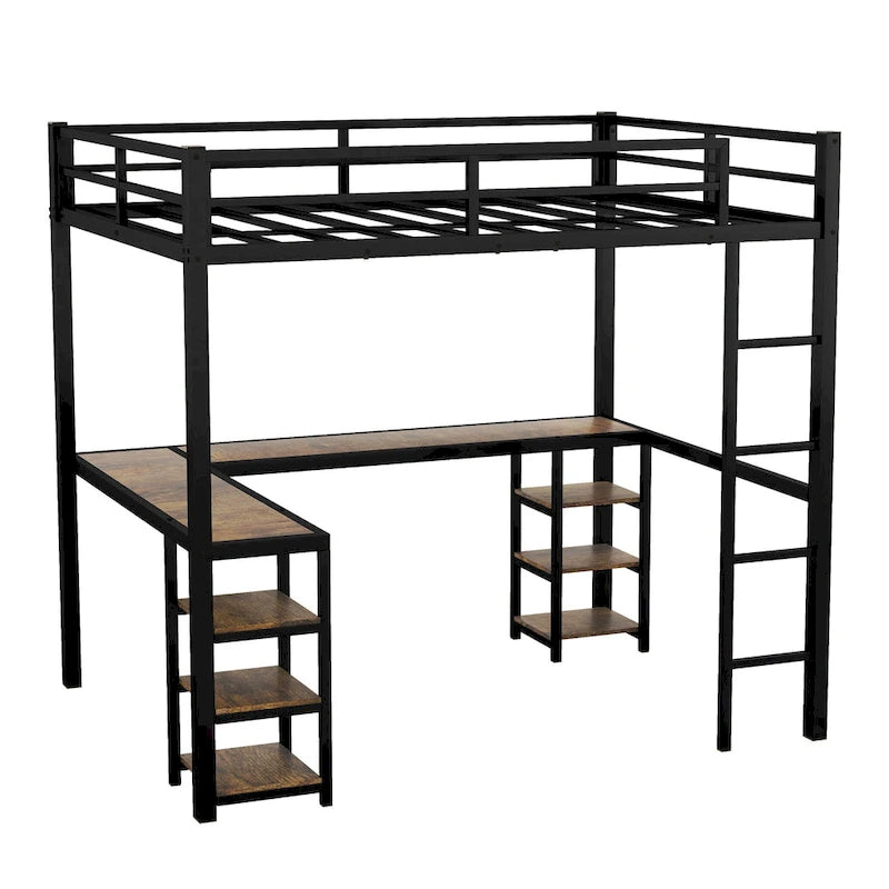 Black Twin XL Size Metal Size Loft Bed with Desk and Shelves, Loft Bed with Ladder and Guardrails, Loft Bed Frame for Bedroom