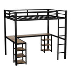 Black Twin XL Size Metal Size Loft Bed with Desk and Shelves, Loft Bed with Ladder and Guardrails, Loft Bed Frame for Bedroom