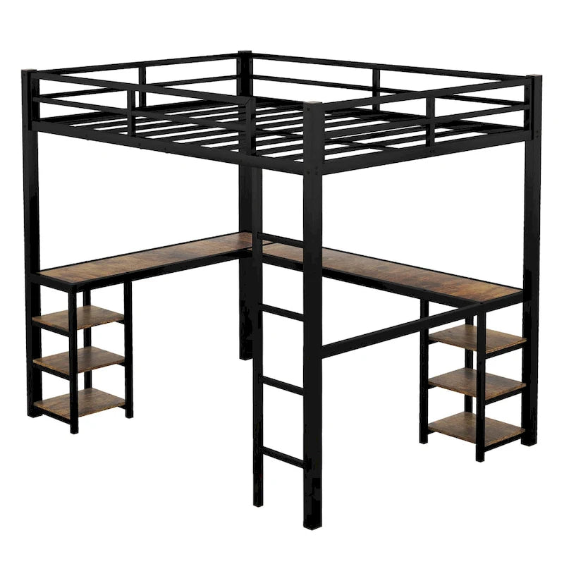 Black Twin XL Size Metal Size Loft Bed with Desk and Shelves, Loft Bed with Ladder and Guardrails, Loft Bed Frame for Bedroom