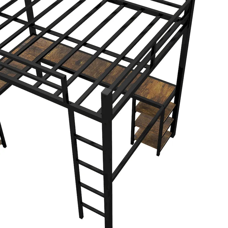 Black Twin XL Size Metal Size Loft Bed with Desk and Shelves, Loft Bed with Ladder and Guardrails, Loft Bed Frame for Bedroom