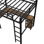 Black Twin XL Size Metal Size Loft Bed with Desk and Shelves, Loft Bed with Ladder and Guardrails, Loft Bed Frame for Bedroom
