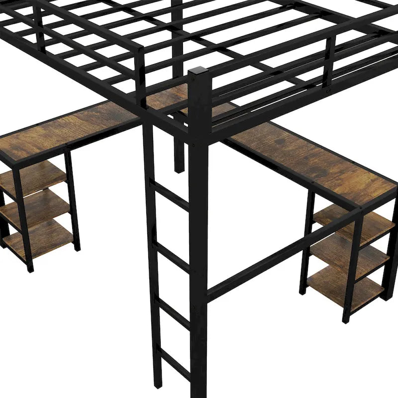 Black Twin XL Size Metal Size Loft Bed with Desk and Shelves, Loft Bed with Ladder and Guardrails, Loft Bed Frame for Bedroom