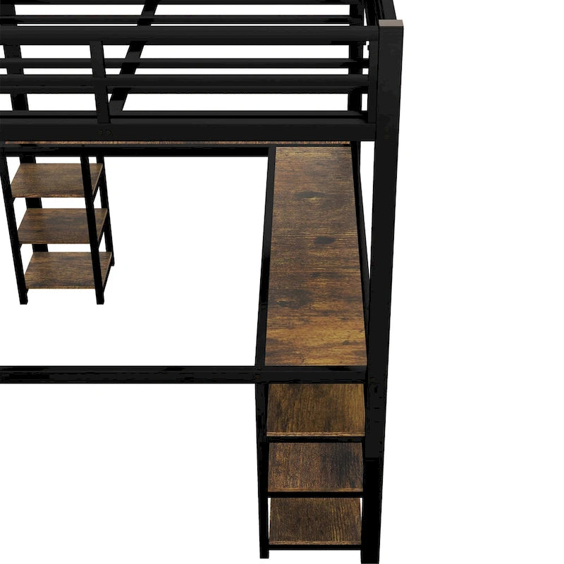 Black Twin XL Size Metal Size Loft Bed with Desk and Shelves, Loft Bed with Ladder and Guardrails, Loft Bed Frame for Bedroom