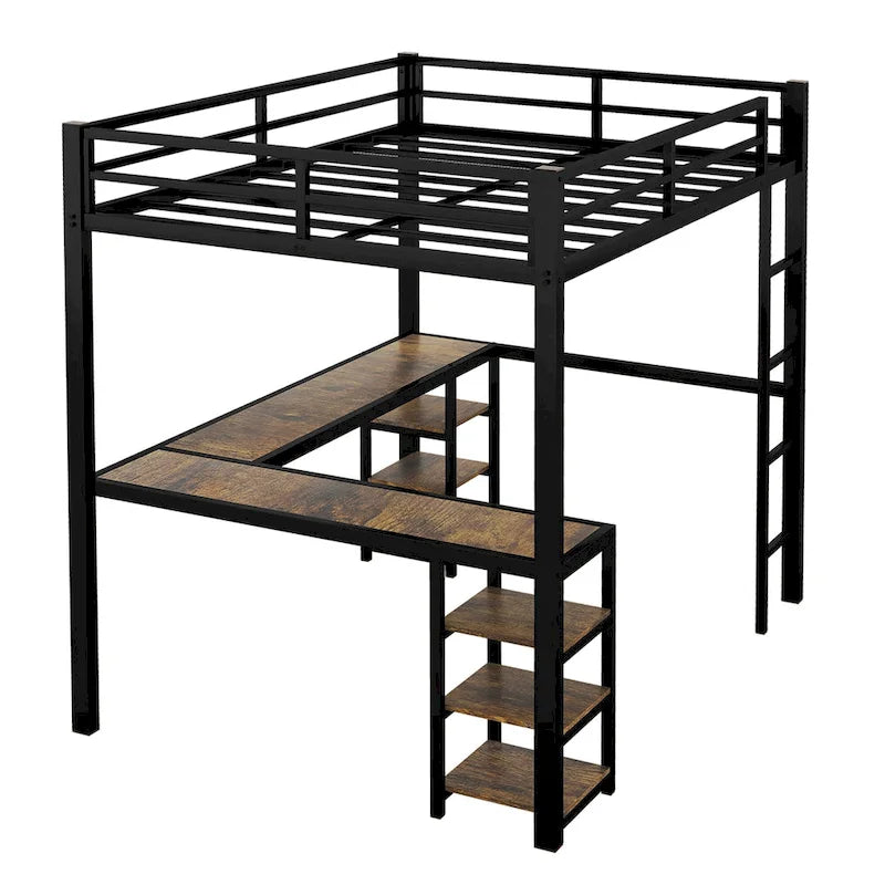 Black Twin XL Size Metal Size Loft Bed with Desk and Shelves, Loft Bed with Ladder and Guardrails, Loft Bed Frame for Bedroom