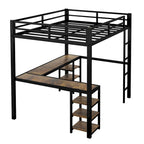 Black Twin XL Size Metal Size Loft Bed with Desk and Shelves, Loft Bed with Ladder and Guardrails, Loft Bed Frame for Bedroom