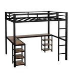 Black Twin XL Size Metal Size Loft Bed with Desk and Shelves, Loft Bed with Ladder and Guardrails, Loft Bed Frame for Bedroom