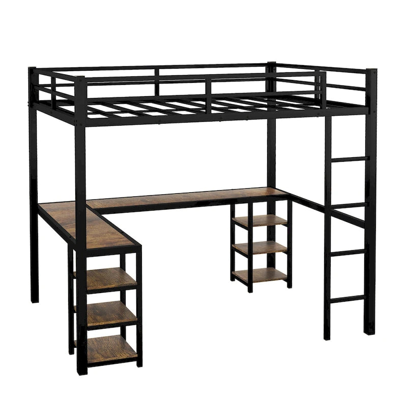 Black Twin XL Size Metal Size Loft Bed with Desk and Shelves, Loft Bed with Ladder and Guardrails, Loft Bed Frame for Bedroom