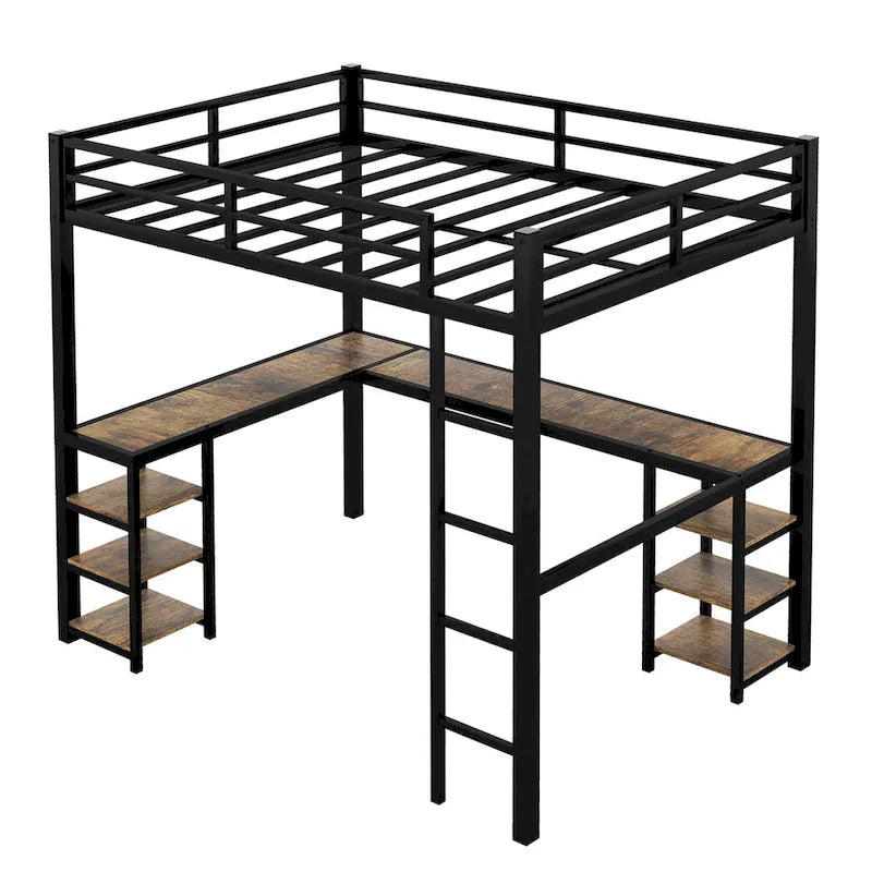 Black Twin XL Size Metal Size Loft Bed with Desk and Shelves, Loft Bed with Ladder and Guardrails, Loft Bed Frame for Bedroom