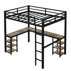 Black Twin XL Size Metal Size Loft Bed with Desk and Shelves, Loft Bed with Ladder and Guardrails, Loft Bed Frame for Bedroom