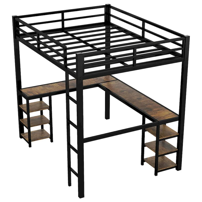 Black Twin XL Size Metal Size Loft Bed with Desk and Shelves, Loft Bed with Ladder and Guardrails, Loft Bed Frame for Bedroom