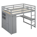 Gray Full Size Solid Wood Loft Bed with Built-in Wardrobe, Desk, and Shelves