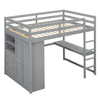 Gray Full Size Solid Wood Loft Bed with Built-in Wardrobe, Desk, and Shelves