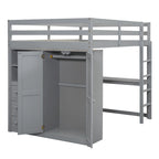 Gray Full Size Solid Wood Loft Bed with Built-in Wardrobe, Desk and Shelves