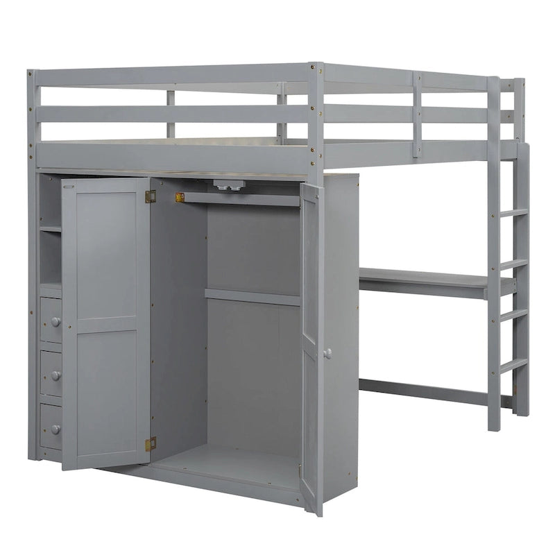 Gray Full Size Solid Wood Loft Bed with Built-in Wardrobe, Desk and Shelves