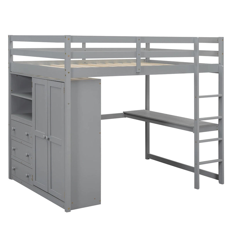 Gray Full Size Solid Wood Loft Bed with Built-in Wardrobe, Desk and Shelves