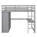 Gray Full Size Solid Wood Loft Bed with Built-in Wardrobe, Desk and Shelves