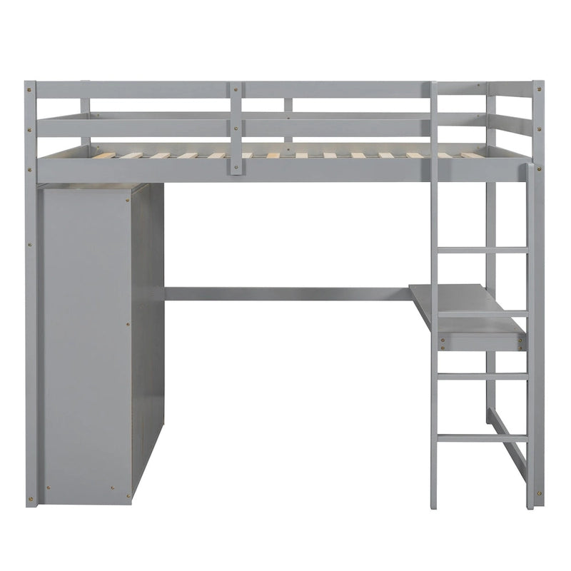 Gray Full Size Solid Wood Loft Bed with Built-in Wardrobe, Desk and Shelves