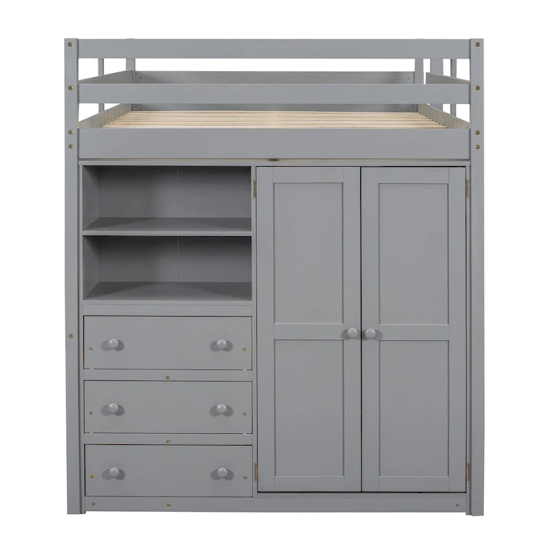 Gray Full Size Solid Wood Loft Bed with Built-in Wardrobe, Desk and Shelves