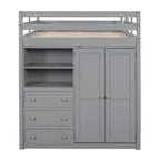 Gray Full Size Solid Wood Loft Bed with Built-in Wardrobe, Desk and Shelves
